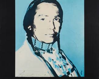 1413
After Andy Warhol
1928-1987
"The American Indian Series" poster for Ace Gallery, 1976
Offset lithograph in colors on poster paper
From the edition of unknown size
Signed in black marker along the lower edge of the image, at left: Andy Warhol
Sight: 45" H x 33.625" W
Estimate: $400 - $600
