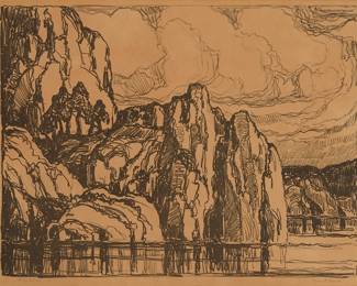 1246
Birger Sandzén
1871-1954
"Granite Banks," 1923
Lithograph on tan wove paper
From the edition of 100
Signed and titled in pencil in the lower margin: Birger Sandzén
Image: 15" H x 19.75" W; Sight: 16" H x 20.5" W
Estimate: $500 - $700