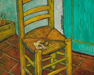 1312
Paul Saltarelli
1955-2019
"Vincent's Chair (1888)," after Vincent Van Gogh, 1998
Miniature oil on board
With the artist's signature, title, dates of the miniature and the original work, and inscribed in ink, all on the frame's backing paper: Paul Saltarelli / 1888 / 1998 / "after Vincent Van Gogh"
2.75" H x 2.25" W
Estimate: $200 - $300