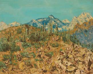 1260
Jae Carmichael
1925-2005
Desert landscape
Oil on Masonite
Signed in pencil on the frame's verso: Jae Carmichael
22" H x 27.5" W
Estimate: $600 - $800