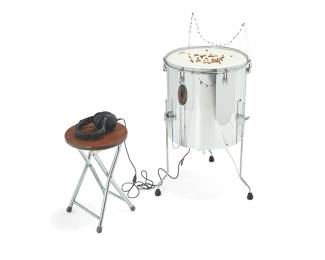1456
Peter Coffin
b. 1972
"Untitled (Symbiotic Relationship / Dance Party)," 2003
Drum, Mexican jumping beans, stool, headphones, microphones, effects pedal, string lights and heating pad
Appears unmarked
Drum with lights: 36" H x 16.5" W x 18" D, approximately; Stool: 17.75" H x 11.75" Dia.
Estimate: $500 - $700