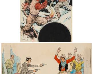 1303
Joseph L. Kraemer (1872-1938)
Two works:
Campfire snowball fight
Watercolor and ink on paper
Signed lower left: J.L. Kraemer
Sight: 11.5" H x 8.75" W
Cowboy shootout
Watercolor and ink on paper
Signed lower right: Kraemer
Sheet: 12.75" H x 17.875" W
Estimate: $200 - $400