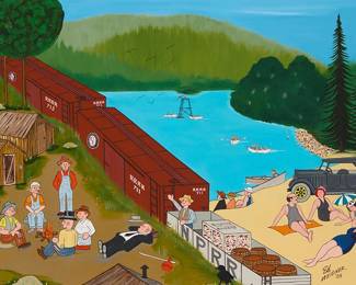 1349
Ed Weidner
20th century
"Russian River Vacation," 1999
Acrylic on canvas
Signed and dated lower right: Ed Weidner / '99; signed and dated again, and titled in ink on the stretcher
24" H x 36" W
Estimate: $500 - $700