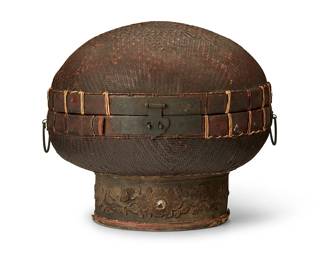 1172
19th century or later
A Chinese ceremonial hat box
The woven rattan basket of compressed globular form with hinged lid, metal hardware, and opposed lug handles, raised on a round foot with foliate motif trim in relief
13.75" H x 15.75" Dia.
Estimate: $100 - $200