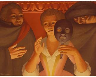 1334
George Tooker
1920-2011
"Un Ballo in Maschera," 1984
Lithograph in colors on wove paper
Edition: 186/250
Signed and numbered in white pencil lower left: Tooker; Circle Fine Art, Chicago, IL, prntr.; The Metropolitan Opera Association, New York, NY, pub., and with the prntr./pub. blindstamps at the lower left and right corners, respectively
Image/Sheet: 22.25" H x 30" W
Estimate: $400 - $600