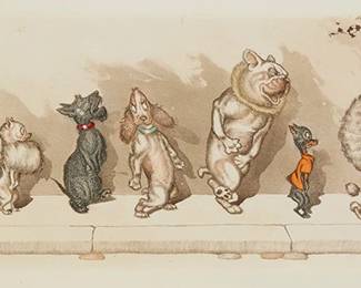 1367
Boris O'Klein
1893-1985
"Chacun son Tour!" from the "Dirty Dogs of Paris" series
Etching with hand-coloring on wove paper
Signed and titled in pencil in the lower margin, possibly by the artist's grandson: O' Klein
Plate: 6.5" H x 17.625" W; Sight: 7.625" H x 19.625" W
Estimate: $300 - $500