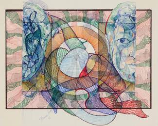 1424
Naum Knop
1917-1993
Abstract faces, 1978
Ink, marker, pen, and collage on paper
Signed and dated in blue ink lower left: Naum Knop / 78
Sight: 15.5" H x 18.625" W
Estimate: $400 - $600