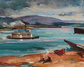 1216
Frederick Carl Smith
1868-1955
San Francisco Bay
Oil on canvas
Signed lower left: F. Carl Smith
10" H x 30.25" W
Estimate: $300 - $500