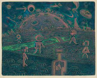 1402
Shinobu Tobita
20th century
"Paisajes de Extraterrestres"
Etching and aquatint on wove paper
Edition: 4/20
Signed, titled, dated, and numbered in pencil in the lower margin: S. Tobita / Julio de 1989 Mex
Plate: 15.125" H x 19.25" W; Sight: 16.25" H x 20.125" W
Estimate: $300 - $500