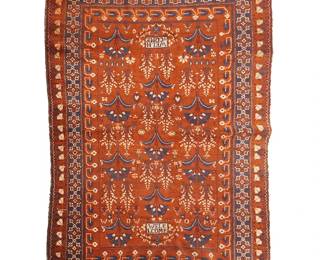 1146
20th century
A Turkoman rug
A hand-knotted wool pile rug in brown, cream, and dark blue with floral motifs, and triple borders with various geometric motifs and "Welcome" plaque woven to each end
76.5" H x 46" W
Estimate: $200 - $300