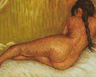 1314
Paul Saltarelli
1955-2019
"Nude Woman Reclining (1887)," 1998, after Vincent Van Gogh, 1998
Miniature oil on board
With the artist's signature, title, dates of the miniature and the original work, and inscribed in ink, all on the frame's backing paper: Paul Saltarelli / 1887 / 1998 / "Vincent Van Gogh"
1.25" H x 2" W
Estimate: $300 - $500