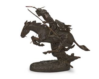1187
After Frederic Remington
1861-1909
"The Cheyenne," modeled 1901
Patinated bronze
Edition: 26/200
Marked and numbered in the casting: Copyright by Frederic Remington
20.25" H x 21.5" W x 8" D
Estimate: $300 - $500