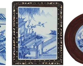 1168
20th century
Three Chinese blue and white porcelain plaques
Each unmarked
Comprising one circular depicting a figure with an ox fording a river set in a wood frame, one unframed depicting three figures enjoying tea, and another depicting two ladies on a balcony set in an wood frame inlaid with mother of pearl floral motifs, 3 pieces
Inlaid sight: 15.125" H x 11.25" W; Circular sight: 9" Dia.; Unframed: 16.375" H x 11.875" W x 0.25" D
Estimate: $400 - $600