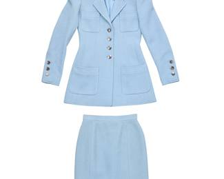 1085
CHANEL: A Vintage Boutique Pale Blue Wool Skirt Suit
1997 Croisière, France
Label: Chanel Boutique / Made in France / 97C
Each size 34
A 1997 Cruise Collection light blue textured woven wool longline jacket with gunmetal branded buttons, four pockets, and with tonal blue silk lining and gunmetal chain trim to inner hem, with a matching pencil skirt with back zip and tonal silk lining
2 pieces
Jacket: bust: 17 in.; waist: 14 in.; hips: 18 in.; sleeves: 23.5 in.; length: 28 in.
Skirt: waist: 12 in.; hips: 17 in.; length: 22 in.
Estimate: $400 - $600