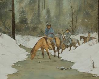 1275
Patrick Wayne Gorman
1929-2017
"Hunting Party on the Sact Creek," 1982
Oil on Masonite
Signed lower right: P.W. Gorman; signed again, titled, and dated "82," all verso
18" H x 24" W
Estimate: $400 - $600