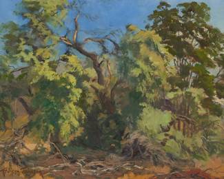 1227
Addison Johnson
1892-1986
"Nature's Drapery"
Oil on canvasboard
Signed lower left: Addison Johnson; signed again and titled in ink, verso
18" H x 24" W
Estimate: $500 - $700