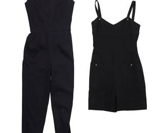 1088
CHANEL: Two Vintage Boutique Jumpsuits
Circa 1990s
Each labeled: Chanel Boutique
Two works:
A fitted black shorts jumpsuit, in a fine piqué weave, likely wool, with narrow buttoned straps, two buttoned patch pockets, fitted seaming with a back zipper, and a black silk CC lining
No size label; bust: 15.5 in.; waist: 13.5 in.; hips: 17 in.; inseam: ; 6 in.; length: 31.5 in.
A long black sleeveless fitted jumpsuit in stretch twill, likely cotton or wool mix stretch twill, with tapered legs with CC buttoned stirrup straps, and with a back zipper fastening
No size label; bust: 16 in.; waist: 12 in.; hips: 17 in.; length: 50 in.; inseam: 25 in.
2 pieces
Estimate: $300 - $500
