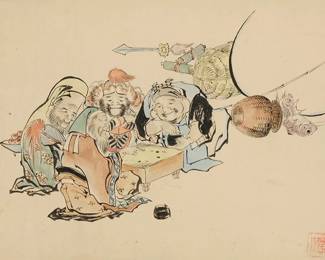 1403
Utagawa Kuniyoshi
1798-1861
"Seven Gods of Fortune"
Woodcut in colors and watercolor on paper
From the edition of unknown size
With the artist's red ink seal in the lower right corner; titled in ink in another hand on a gallery label affixed to the frame's backing paper
Sight: 9" H x 13" W
Estimate: $200 - $400