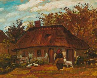 1313
Paul Saltarelli
1955-2019
"Cottage Woman with Goat (1887)," after Vincent Van Gogh, 1998
Miniature oil on board
With the artist's signature, title, dates of the miniature and the original work, and inscribed in ink, all on the frame's backing paper: Paul Saltarelli / 1887 / 1998 / "after Vincent Van Gogh"
2" H x 2.75" W
Estimate: $200 - $300