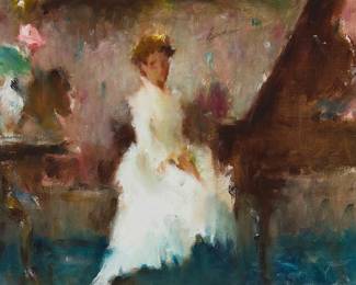 1335
Samuel Oppenheim
1901-1992
"Interior with Lady at Piano II," 1990
Oil on canvas
Signed at the upper edge, right of center: Oppenheim; titled and dated on a gallery label affixed to the verso of the frame
14" H x 18" W
Estimate: $400 - $600