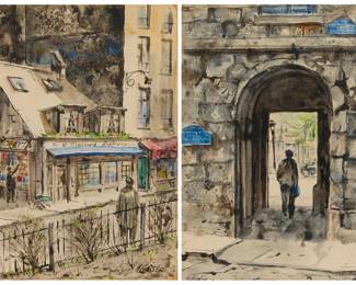 1371
Henry Gasser (1909-1981)
Two works:
"Archway, Paris"
Watercolor on paper
Signed lower left: H. Gasser; titled by repute
Sight: 9.875" H x 7.625" W
"Millards, Paris"
Watercolor on paper
Signed and inscribed lower right: H. Gasser / "Paris"; titled by repute
Sight: 9.875" H x 7.75" W
Estimate: $800 - $1,200