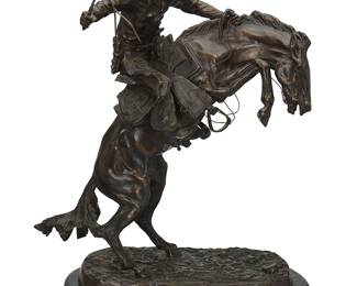 1185
After Frederic Remington
1861-1909
"The Broncho Buster," modeled 1895
Patinated bronze on marble plinth
From the recast edition of 100
Marked in the casting: Frederic Remington; further marked with incomplete edition: Founders Authorized / Edition No. /100
Bronze: 23" H x 19" W x 13" D; Overall: 24.5" H
Estimate: $400 - $600