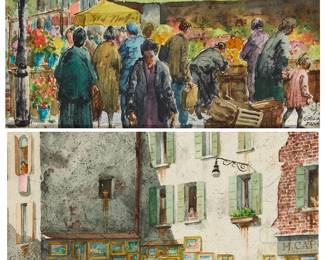 1370
Henry Gasser (1909-1981)
Two works:
"Corner Market, Paris"
Watercolor on paper
Signed and inscribed lower right: H. Gasser / "Paris"; signed again and titled in pencil on the frame's backing board; titled again on an exhibition label affixed to the frame's backing board
Sight: 7.5" H x 9.625" W
"Street Gallery, Venice"
Watercolor on paper
Signed and inscribed lower right: H. Gasser / "Venice"; signed again and titled in pencil on the frame's backing board
Sight: 7.5" H x 9.625" W
Estimate: $800 - $1,200