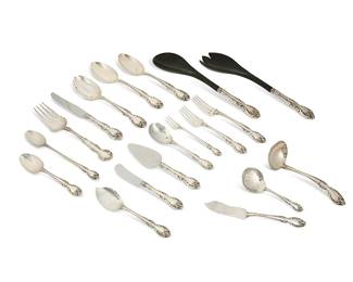 1125
Late 20th century
A Gorham sterling silver "Melrose" flatware service
Each marked for Gorham and for sterling; further marked: Melrose
Designed 1948, comprising 8 dinner forks (7.25"), 8 salad forks (6.625"), 15 teaspoons (6"), 8 dinner knives (9"), 8 butter spreaders (6.125"), 8 cocktail forks (5.625"), 2 tablespoons (8.5"), 1 pierced tablespoon (8.375"), 1 iced tea spoon (7.625"), 1 sauce ladle (6.5"), 1 pierced bon bon spoon (4.875"), 1 master butter knife (7"), 1 jelly server (6.125"), 1 sugar spoon (6.125"), 1 pie server (6.875"), and pair of salad servers (12"), together with 1 associated serving fork (8.375"), 68 pieces
Weighable sterling: 68.3 oz. troy approximately
Estimate: $800 - $1,200