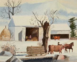 1269
Norma Mansfield
20th century
"Wood for Winter"
Acrylic on canvas board
Signed lower left: Mansfield; titled in pencil on the frame's backing paper and with the artist's address label affixed to the frame's backing paper
5.75" H x 7.25" W
Estimate: $200 - $400
