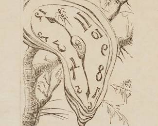 1408
After Salvador Dalí
1904-1989
"Melting Clock"
Etching on Japan paper
Edition: E/A
Bears signature and inscribed "EA" in pencil in the lower margin: Dalí
Plate: 7" H x 5" W; Sight: 10" H x 7" W
Estimate: $700 - $900