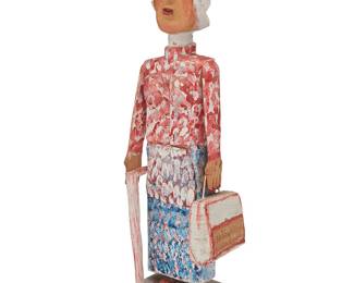 1180
Carl McKenzie
1905-1998
"Mrs. Jones Avon Lady," 1985
Carved linden wood, metal, paint, and graphite, articulated
Inked signature and date to underside: Carl McKenzie; titled in pencil to handbag
Dimensions variable: 17.75" H x 5.5" W x 4" D
Estimate: $200 - $400