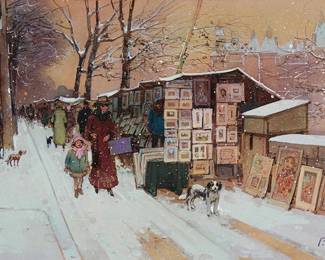 1377
Paul Renard
1941-1997
"Strolling Down the Seine"
Watercolor and gouache on mat board
Signed lower right: P. Renard; titled on a gallery label affixed to the frame's backing board
11.375" H x 18.75" W
Estimate: $500 - $700
