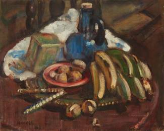 1288
Clarence Hinkle
1880-1960
"Still Life"
Oil on canvas
Signed lower left: Hinkle; titled on a label affixed to the upper portion of the stretcher
18" H x 22" W
Estimate: $600 - $800