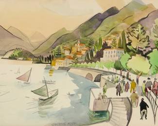 1212
George Post
1906-1997
Lakeside view with figures, boats, and mountains
Watercolor on paper
Signed lower center: George Post
Sight: 17.75" H x 23.75" W
Estimate: $500 - $700