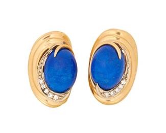 1044
A Pair of Gold, Lapis Lazuli and Diamond Earrings
Centering oval lapis lazuli cabochons accented by round diamonds
2 pieces
Measures: 1in.
18.9 grams gross
Estimate: $700 - $900