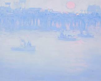 1215
William Gordon Morez
20th century
"Stearns Wharf," 1972
Oil on canvas
Signed and dated upper left: Morez / 72; signed again, titled, and inscribed in ink on the stretcher bar
12" H x 15.875" W
Estimate: $300 - $500
