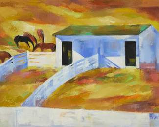 1267
Helen Bertha Dooley
1907-1994
Horses near a stable
Oil on canvas
Signed lower right: Helen B Dooley
24" H x 34" W
Estimate: $300 - $500