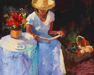 1337
Kay Henry
Late 20th/early 21st century
Woman with hat, reading a book
Oil on canvas
Signed lower left: Kay Henry
18" H x 18" W
Estimate: $200 - $300