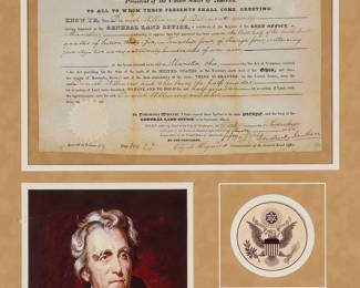 1194
1830
A framed land grant signed by President Andrew Jackson
Signed by President Andrew Jackson and Elijah Hayward, Commissioner of the General Land Office
Comprising a document for land ownership issued by the United States to "Daniel Williams, of Belmont County," a printed reproduction of a portrait of Andrew Jackson, a presidential seal, and a biographical metal plaque, all presented in a custom matted frame
Document: 9.25" H x 14" W
Estimate: $500 - $700