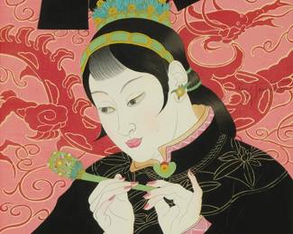 1338
Paul Jacoulet
1902-1960
"Les Jades. 'Chinoise'," 1940
Woodcut in colors on handmade mulberry paper
From the total edition of 750 in two states (of which Miles states that a total of 350, regular plus 30 proof impressions, were printed from the two states)
Signed in pencil above the artist's red ink boat stamp in the image near the center of the right edge: Paul Jacoulet; Kentaro Maeda, carver; Tetsunosuke Honda, Yoshizo Onodera, and Shunosuke Fujii, printers
Sight: 15" H x 11.375" W
Estimate: $300 - $500