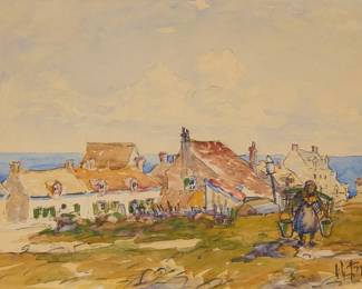 1385
Lester George Hornby
1882-1956
Coastal town
Watercolor on paper
Signed lower right: L.G. Hornby
Sight: 8" H x 11" W
Estimate: $100 - $200