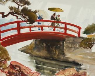 1239
Eliot O'Hara
1890-1969
"Ritswim Park Takamoteu," 1953
Watercolor on paper
Estate stamped lower right: "Eliot O'Hara Trust"; titled and dated in ink, in another hand, on a gallery label affixed to the frame's backing board
Sight: 14" H x 21" W
Estimate: $200 - $300