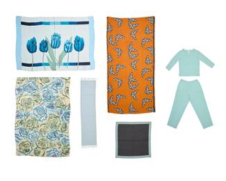 1089
A Group of Women's Separates and Accessories
Circa 1990s-2000s
Variously labeled for maker and material; three lacking label
Comprising five scarves in blues and oranges, including a pale blue cashmere/wool fringed scarf, two painted silk scarves, a butterfly print scarf, and a small square grey and aqua viscose scarf, as well as a Neiman Marcus turquoise cashmere knit pullover sweater with fringed edges and pair of matching cashmere knit pull-on pants
7 pieces
Largest scarf: 67 x 45 in.; smallest: 31 x 30 in.
Pullover: size S; chest 18.5 in.; length: 22 in.; sleeves: 18 in.
Pants: size L; waist (stretched): 18 in.; inseam: 30 in.
Estimate: $300 - $500