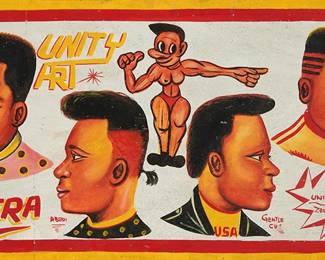 1307
Late 20th century; Ghana
Unity Art
Ghanaian barber shop sign
Acrylic on plywood
Signed lower right: Unity Art / Zoo. KSI
Sight: 23.5" H x 47.25" W
Estimate: $300 - $500