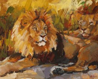 1363
Rod Dallmann
early 20th century
A pair of lounging lions
Oil on canvas
Signed lower right: Dallmann
30" H x 40" W
Estimate: $300 - $500