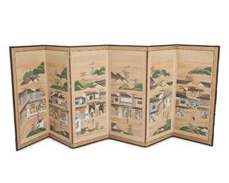 1162
20th century
A Japanese six-panel byobu screen
Unsigned
The painted and gilt rice paper screen in a wood frame, each panel depicting domestic scenes, home vignettes, and figures strolling about town, set against rolling green hills, all within a gold-toned fabric border
Each panel: 47.5" H x 21.25" W x 0.75" D; Stored: 4" D
Estimate: $400 - $600