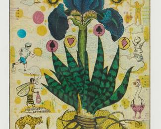 1293
Tony Fitzpatrick
b. 1958
"Night Iris," one plate from "Joe's Garden," 1995
Etching and aquatint in colors on chine collé
Edition: 39/40
Initialed, titled, dated, and numbered in pencil in the lower margin: TF 95; Big Cat Press, Chicago, IL, the artist's printmaking studio, prntr./pub.
Plate: 8" H x 6" W; Sight: 9" H x 7" W
Estimate: $400 - $600