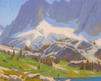 1219
Charles Muench
b. 1966
"Ediza Lake, CA"
Oil on Masonite
Signed lower right: C. Muench; signed again, titled, and numbered "1156," all verso
12" H x 12" W
Estimate: $1,000 - $1,500