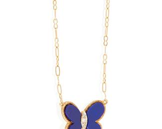 1049
Hammerman Brothers: A 14K Gold and Lapis Butterfly Necklace
Of a butterfly design featuring lapis lazuli wings, centering three round diamonds, signed HB
Length: 15 in.
4.0 grams gross
Estimate: $800 - $1,200