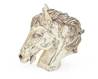 1135
Ricardo del Rio
b. 1961, Mexican
Horsehead sculpture for D'Argenta
Silver-plated resin composite and lacquer
Edition: 430/500
Signed in the casting: del Rio; with incised edition
13.5" H x 13.75" W x 5.25" D
Estimate: $400 - $600